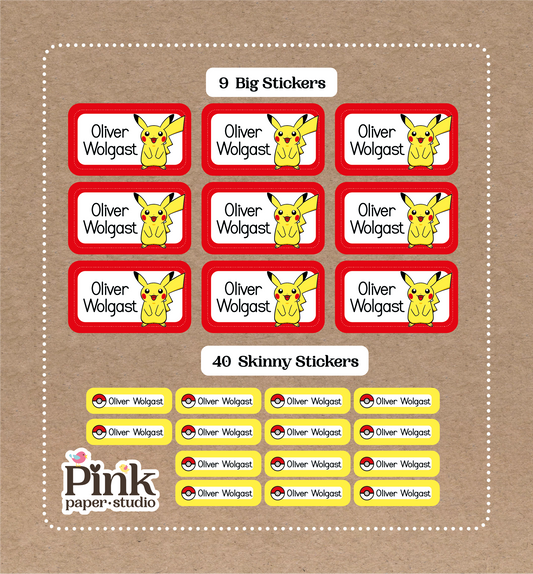 Pikachu Set • 9 Big School Name Stickers • 40 Skinny Stickers