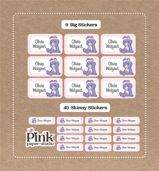 Care Bears Set • 9 Big School Name Stickers • 40 Skinny Stickers