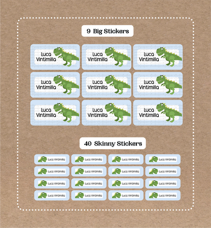 Dinosaur T- Rex • 9 Big School Name Stickers • 40 Skinny Stickers