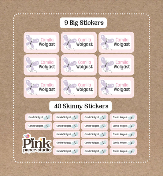 Butterfly Set • 9 Big School Name Stickers • 40 Skinny Stickers