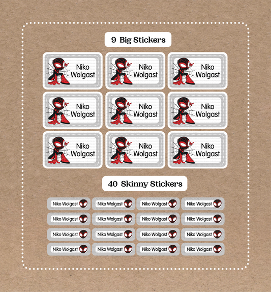 Spidey-man • 9 Big School Name Stickers • 40 Skinny Stickers