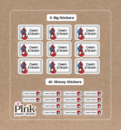 Spiderman • 9 Big School Name Stickers • 40 Skinny Stickers