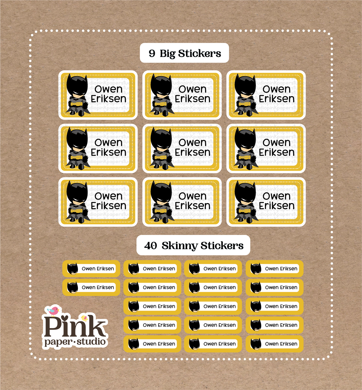 Batman Stickers • 9 Big School Name Stickers • 40 Skinny Stickers