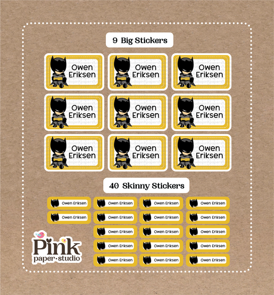 Batman Stickers • 9 Big School Name Stickers • 40 Skinny Stickers