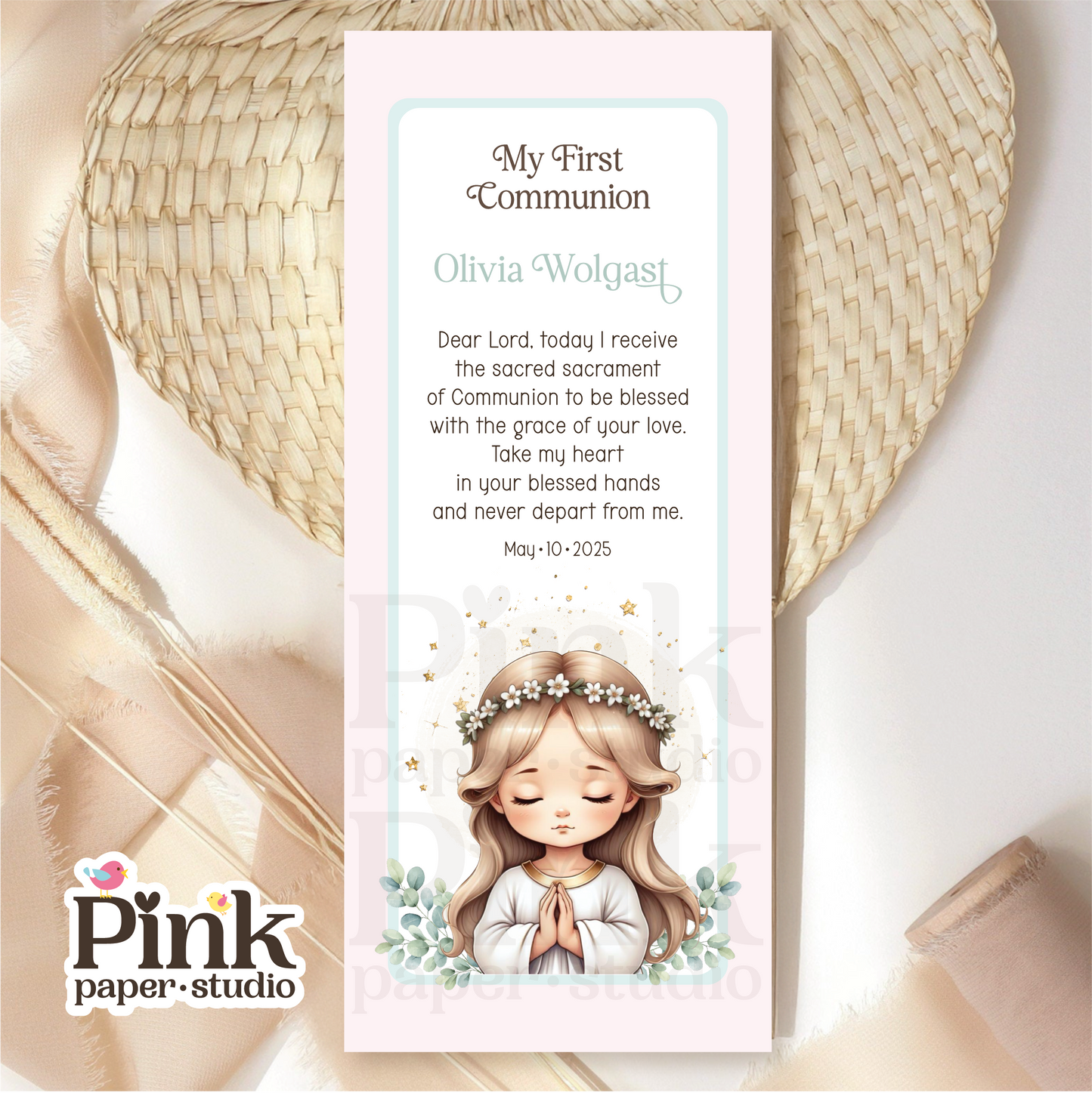 First Holy Communion Favor Cards • First Communion Bookmarks for Girls