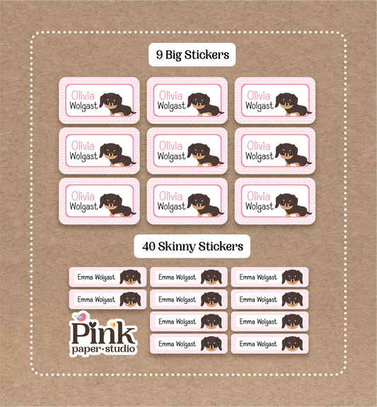 Dachshund Dog • 9 Big School Name Stickers • 40 Skinny Stickers