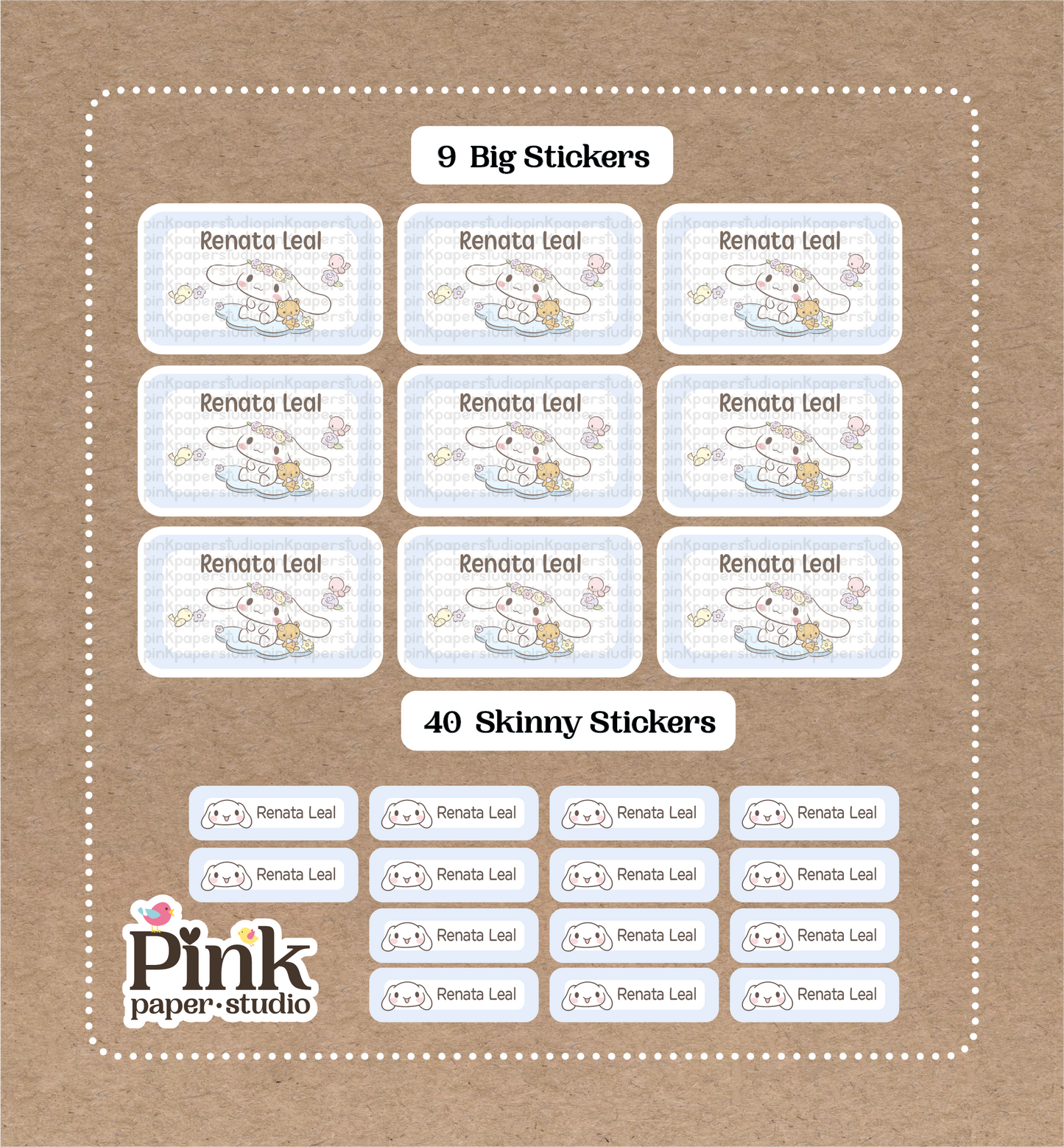 Cinnamonroll Set • 9 Big School Name Stickers • 40 Skinny Stickers