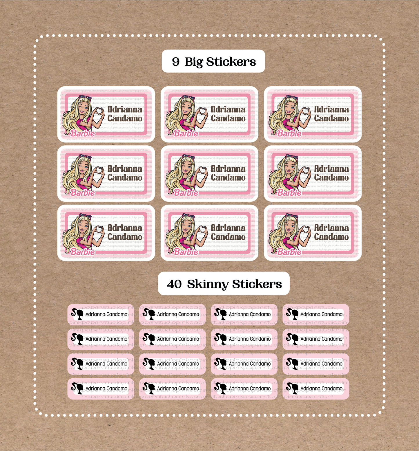 Barbie • 9 Big School Name Stickers • 40 Skinny Stickers