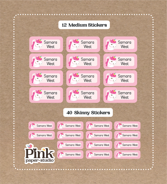Pink Unicorn Set • 12 Medium School Name Stickers • 40 Skinny Stickers
