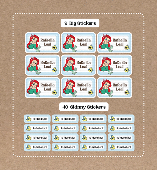 Little Mermaid Set • 9 Big School Name Stickers • 40 Skinny Stickers
