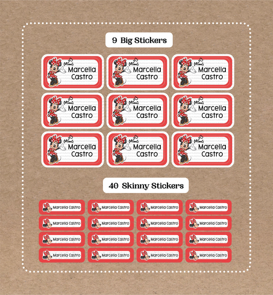 Minnie Mouse Set • 9 Big School Name Stickers • 40 Skinny Stickers