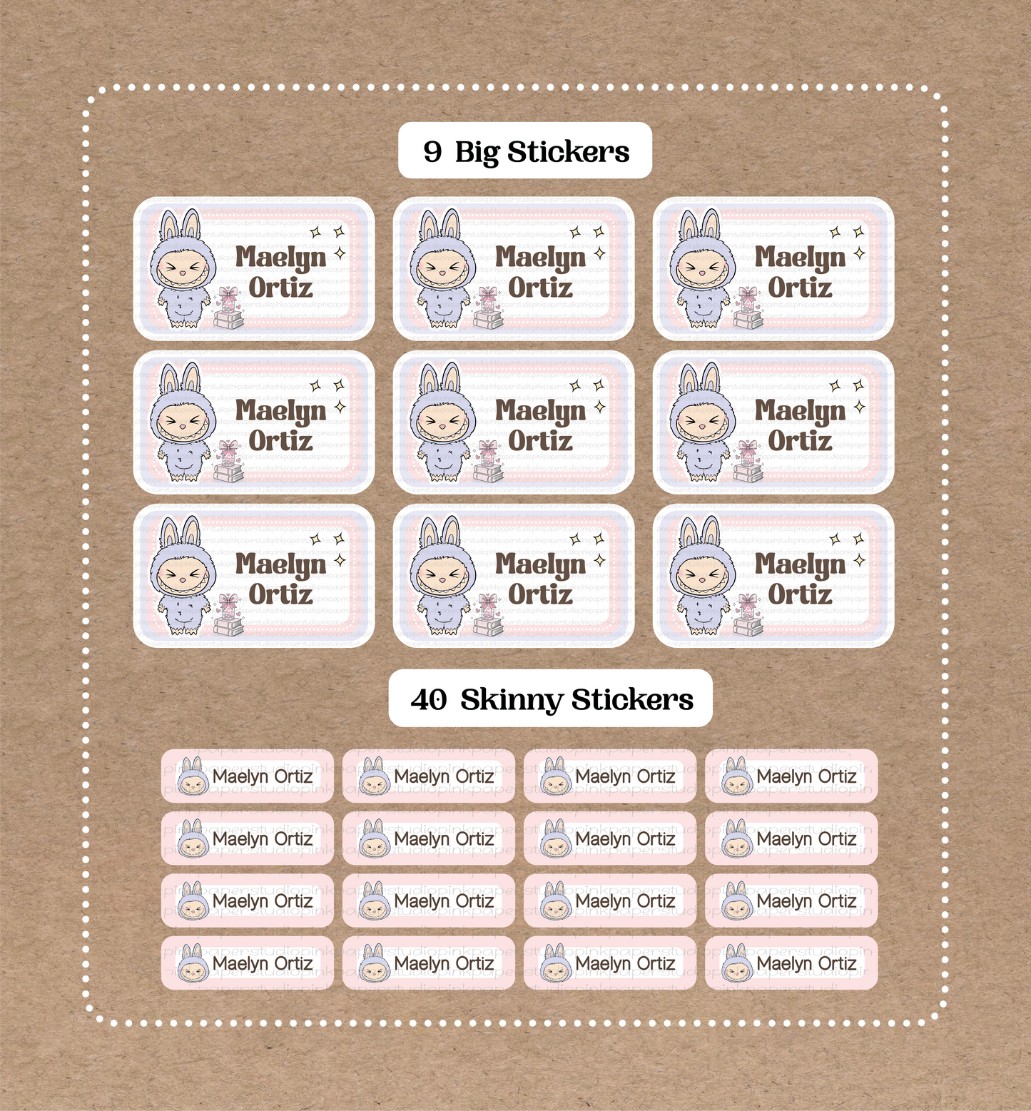 Labubu Stickers Set • 9 Big School Name Stickers • 40 Skinny Stickers