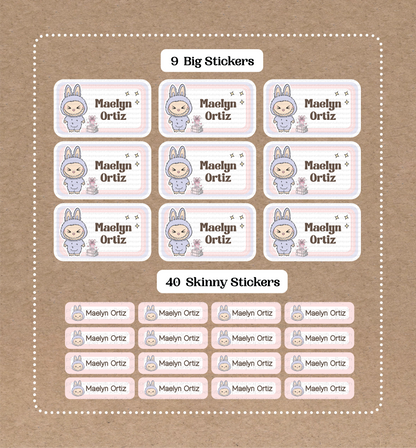 Labubu Stickers Set • 9 Big School Name Stickers • 40 Skinny Stickers