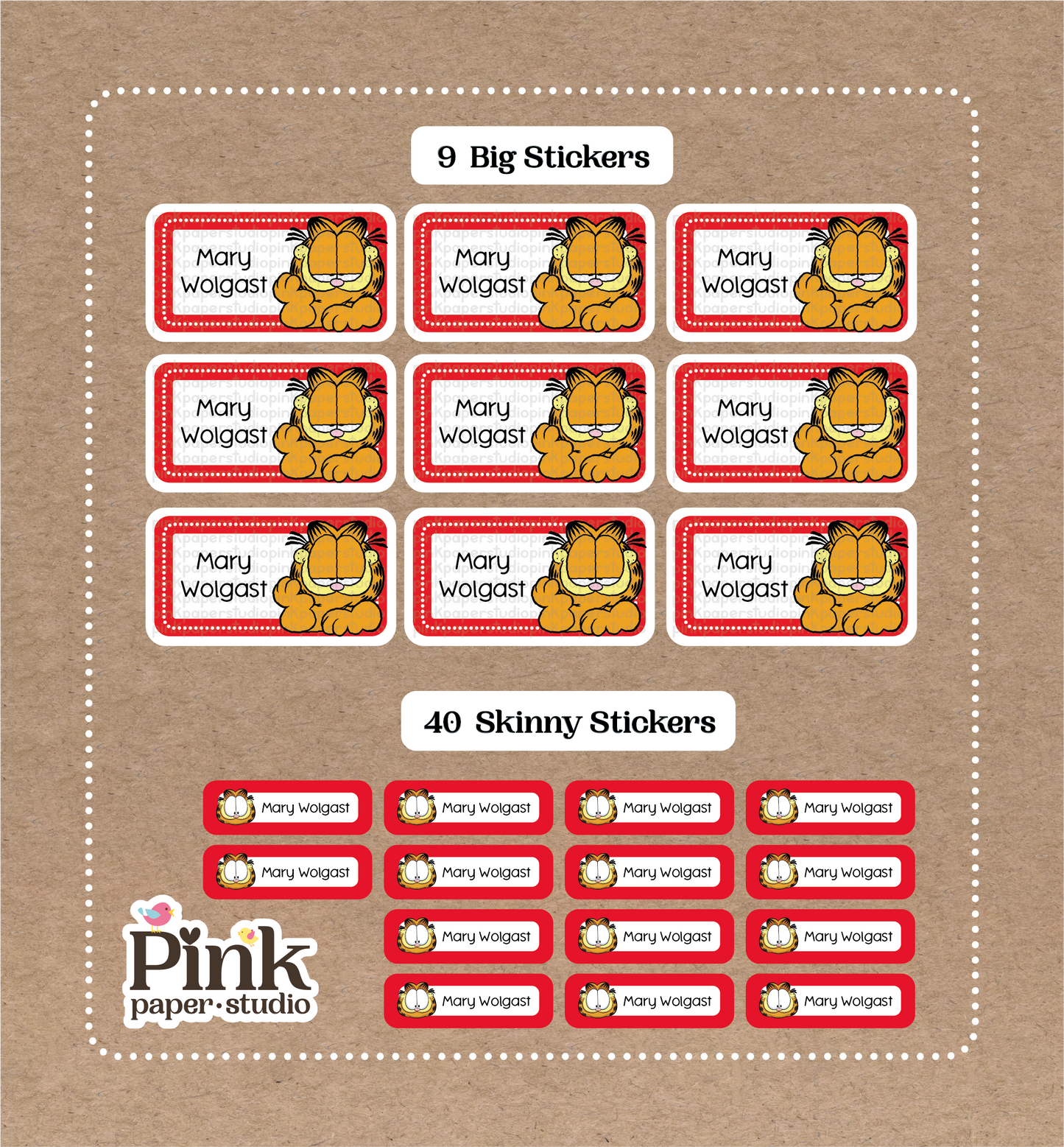 Garfield Set • 9 Big School Name Stickers • 40 Skinny Stickers