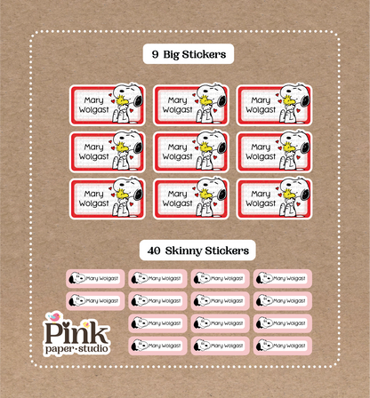 Snoopy Set • 9 Big School Name Stickers • 40 Skinny Stickers