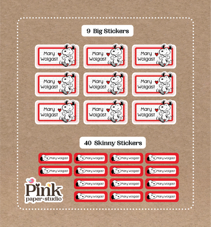 Snoopy Set • 9 Big School Name Stickers • 40 Skinny Stickers