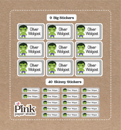 Hulk Stickers • 9 Big School Name Stickers • 40 Skinny Stickers