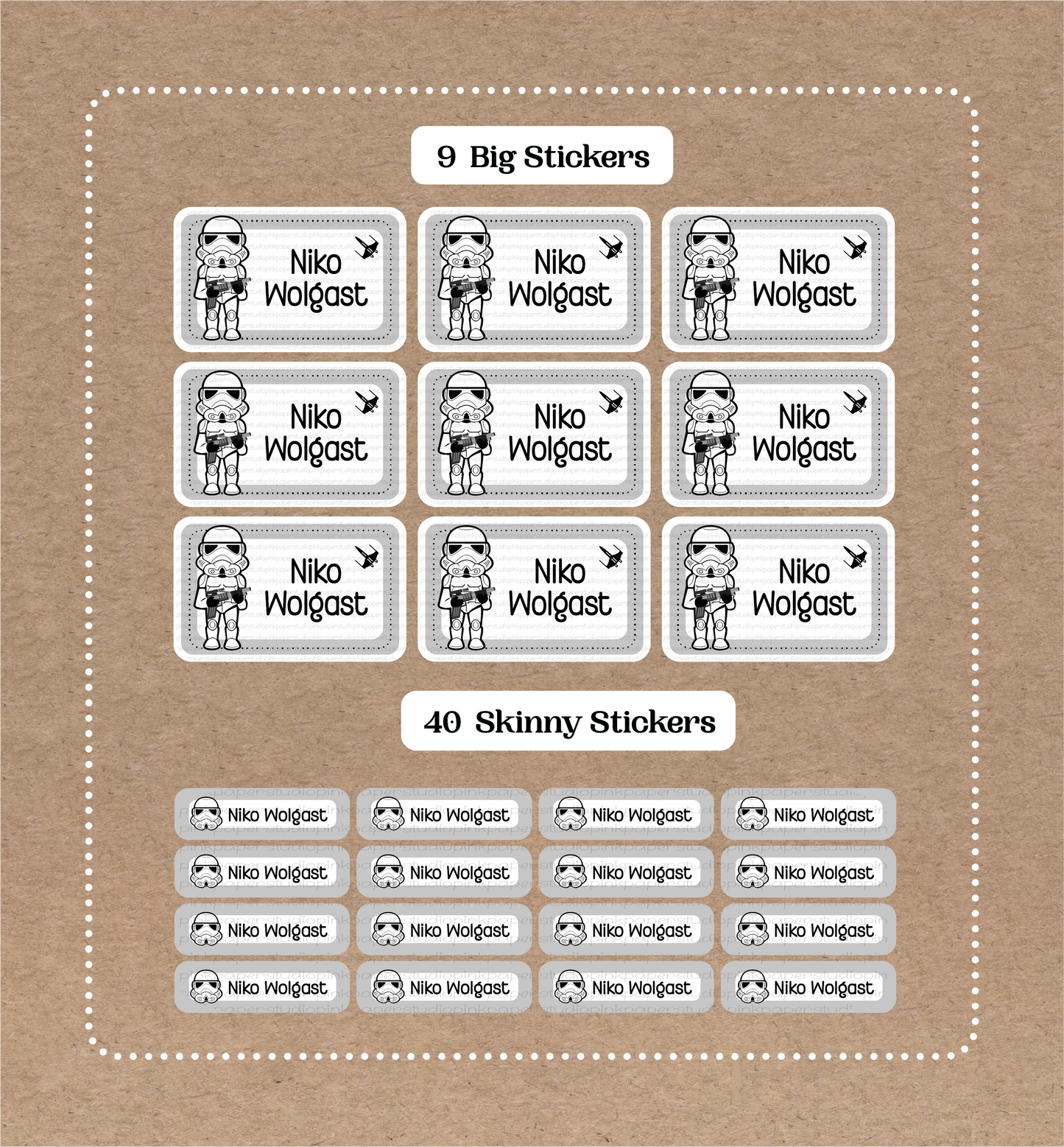 Storm Troopers • Star Wars • 9 Big School Name Stickers • 40 Skinny Stickers