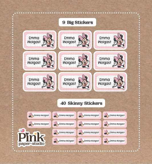 Minnie Mouse Set • 9 Big School Name Stickers • 40 Skinny Stickers