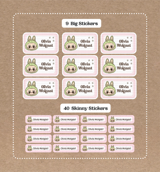 Labubu Stickers Set • 9 Big School Name Stickers • 40 Skinny Stickers