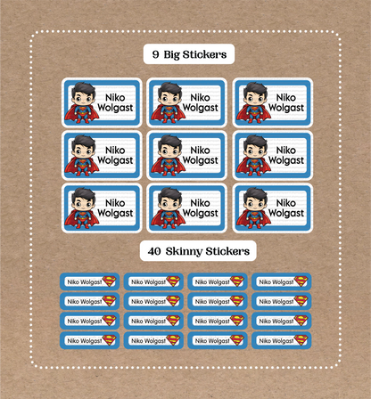 Super-Man • 9 Big School Name Stickers • 40 Skinny Stickers