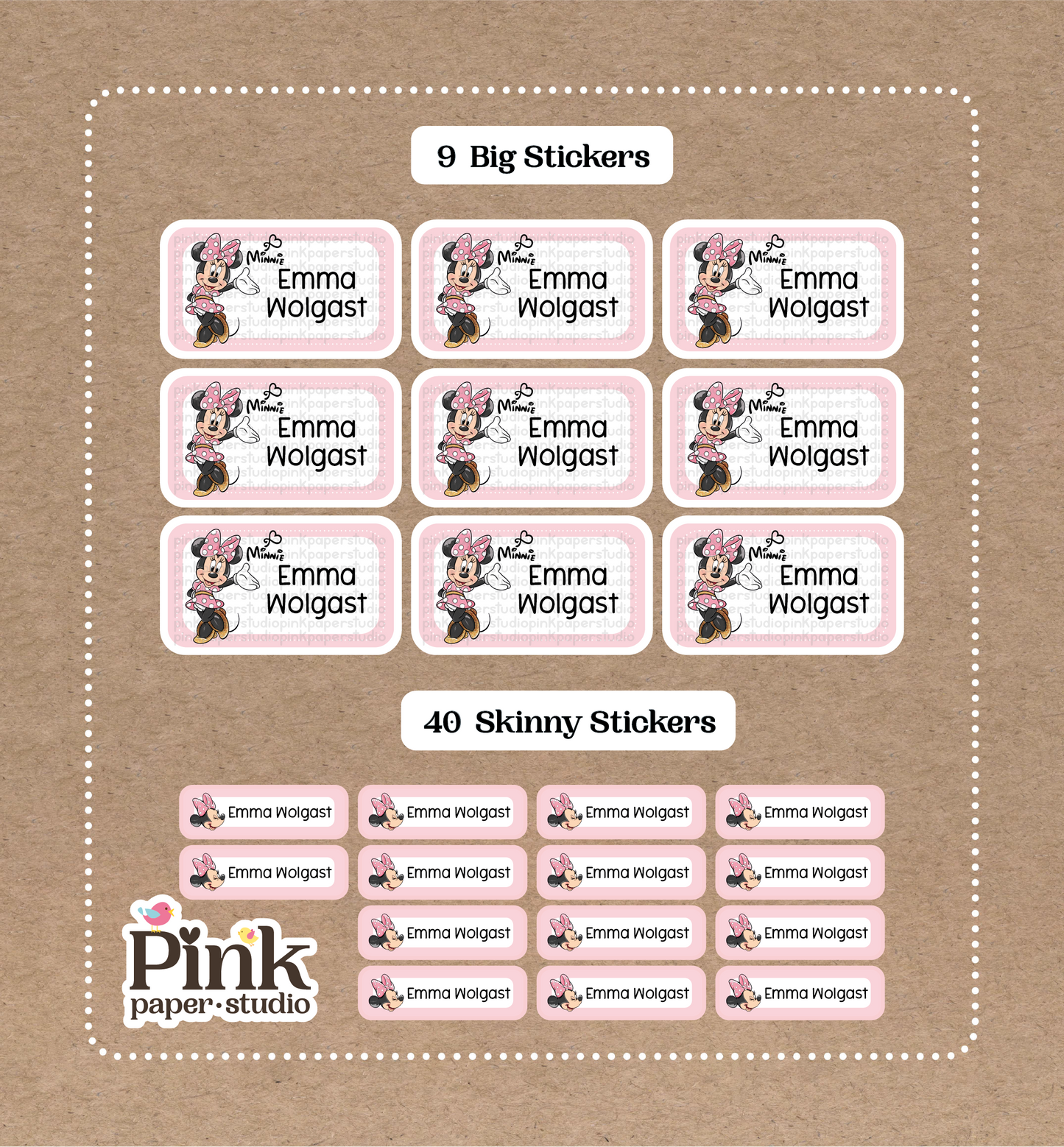 Minnie Mouse Set • 9 Big School Name Stickers • 40 Skinny Stickers