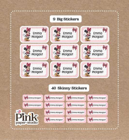 Minnie Mouse Set • 9 Big School Name Stickers • 40 Skinny Stickers