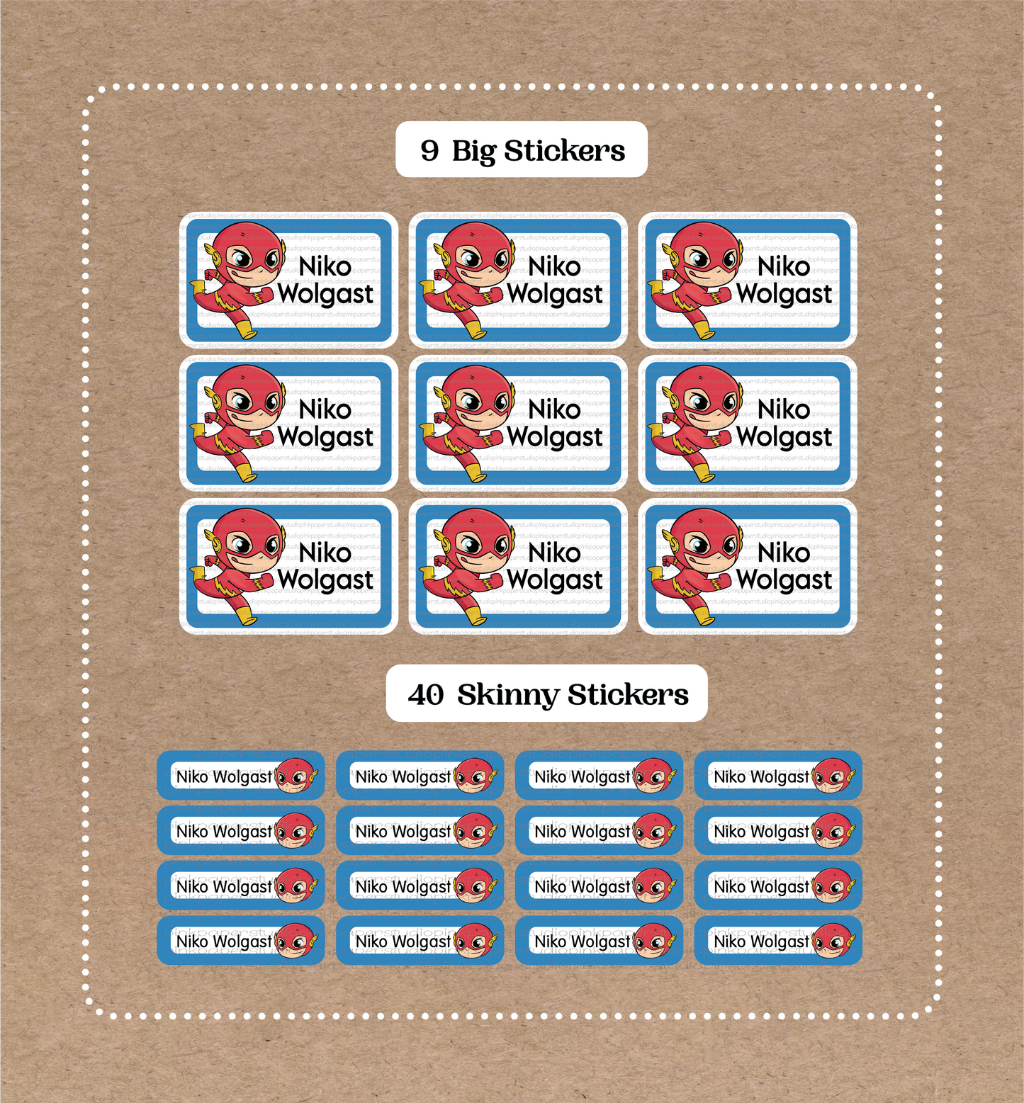 Flash Super Hero • 9 Big School Name Stickers • 40 Skinny Stickers