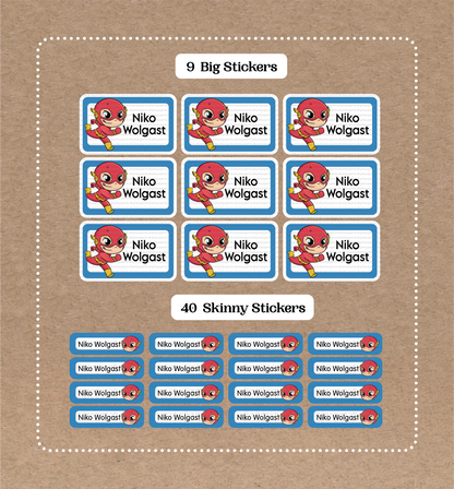 Flash Super Hero • 9 Big School Name Stickers • 40 Skinny Stickers