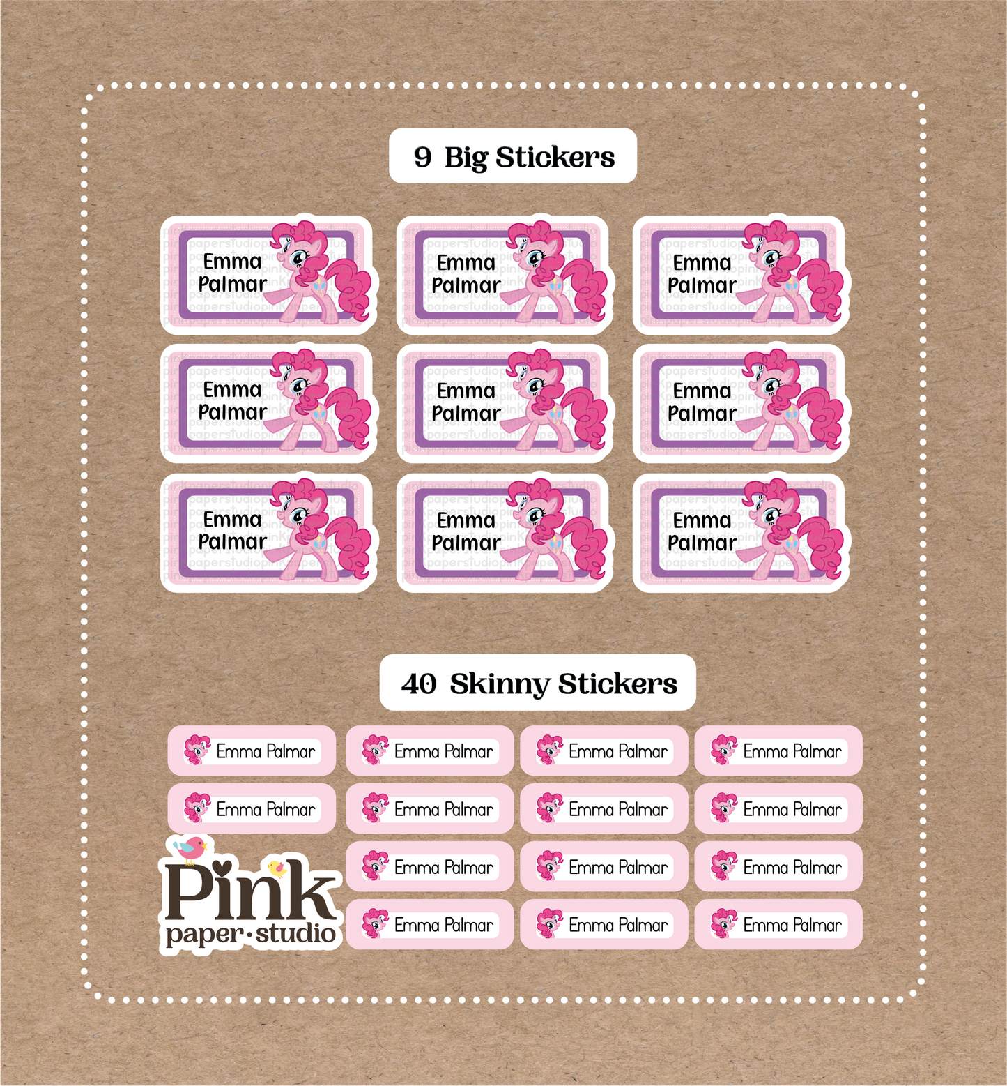 Little Pony Set • 9 Big School Name Stickers • 40 Skinny Stickers