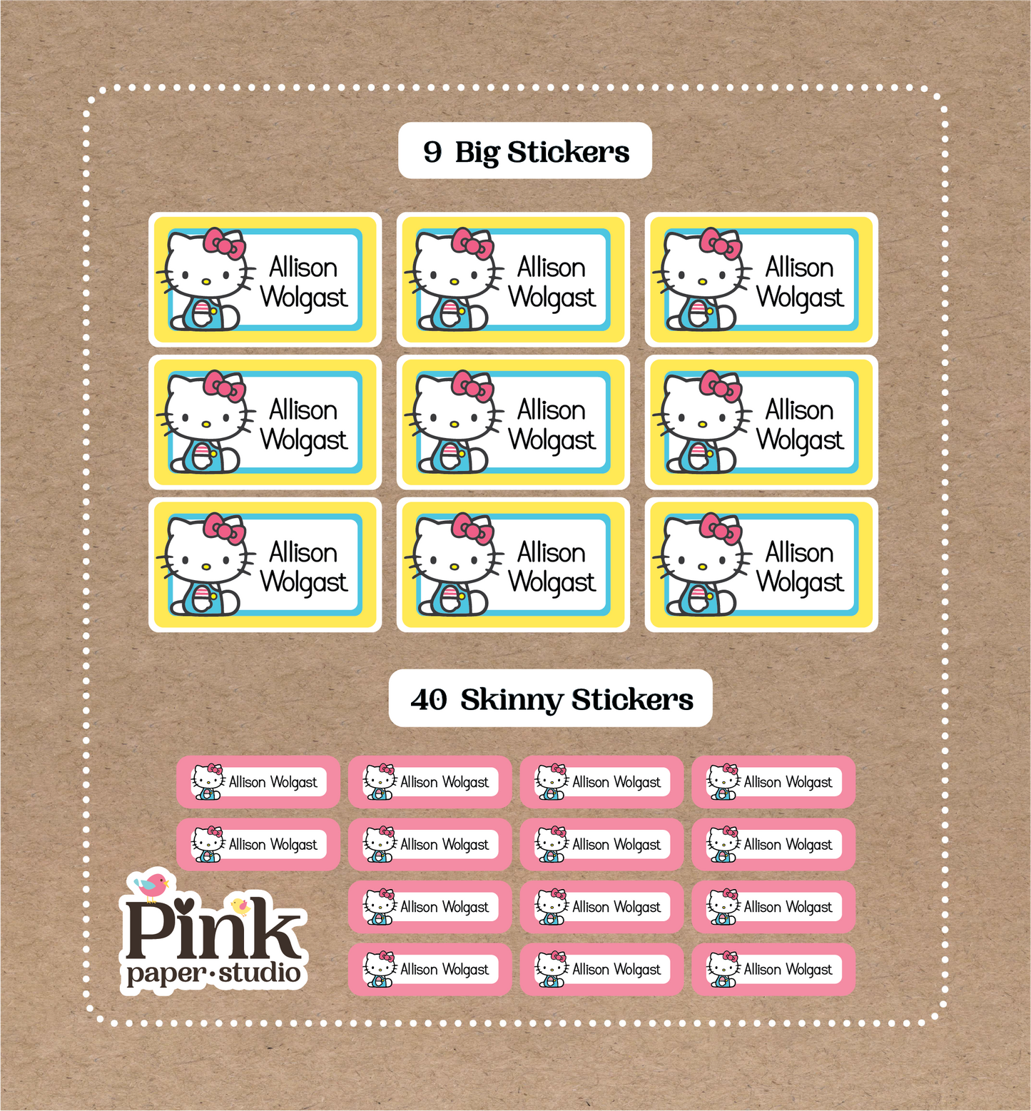 Hello Kitty Set • 9 Big School Name Stickers • 40 Skinny Stickers