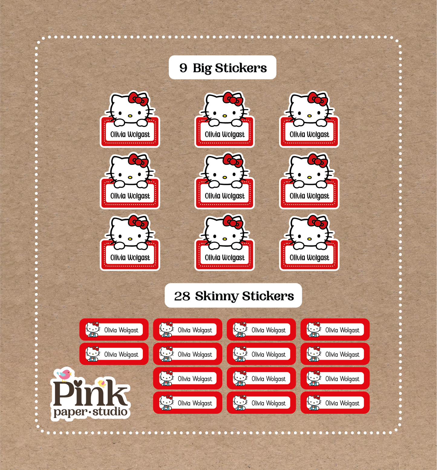 Hello Kitty Set • 9 Big School Name Stickers • 28 Skinny Stickers