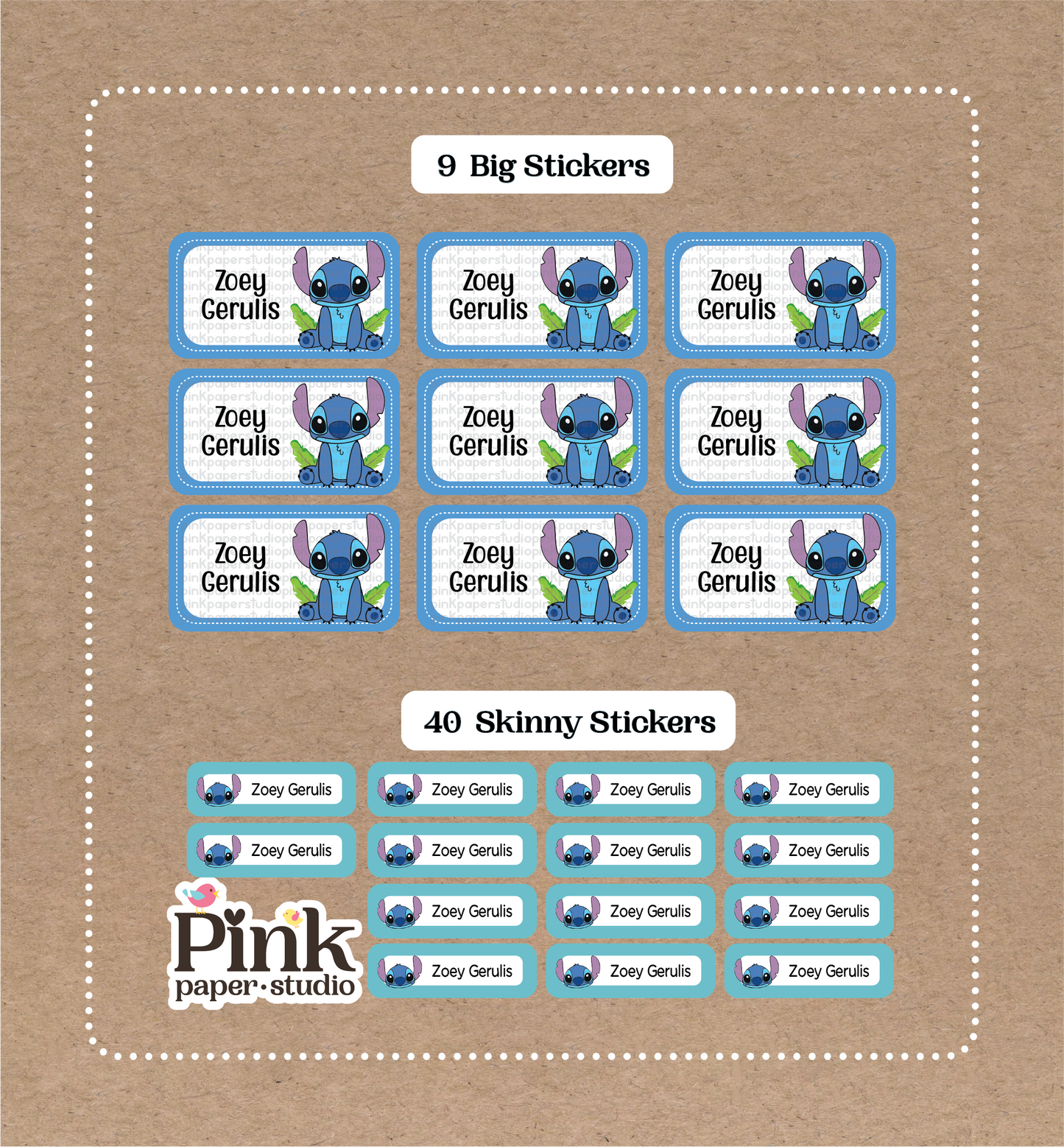 Stitch School Labels • 9 Big School Name Stickers • 40 Skinny Stickers