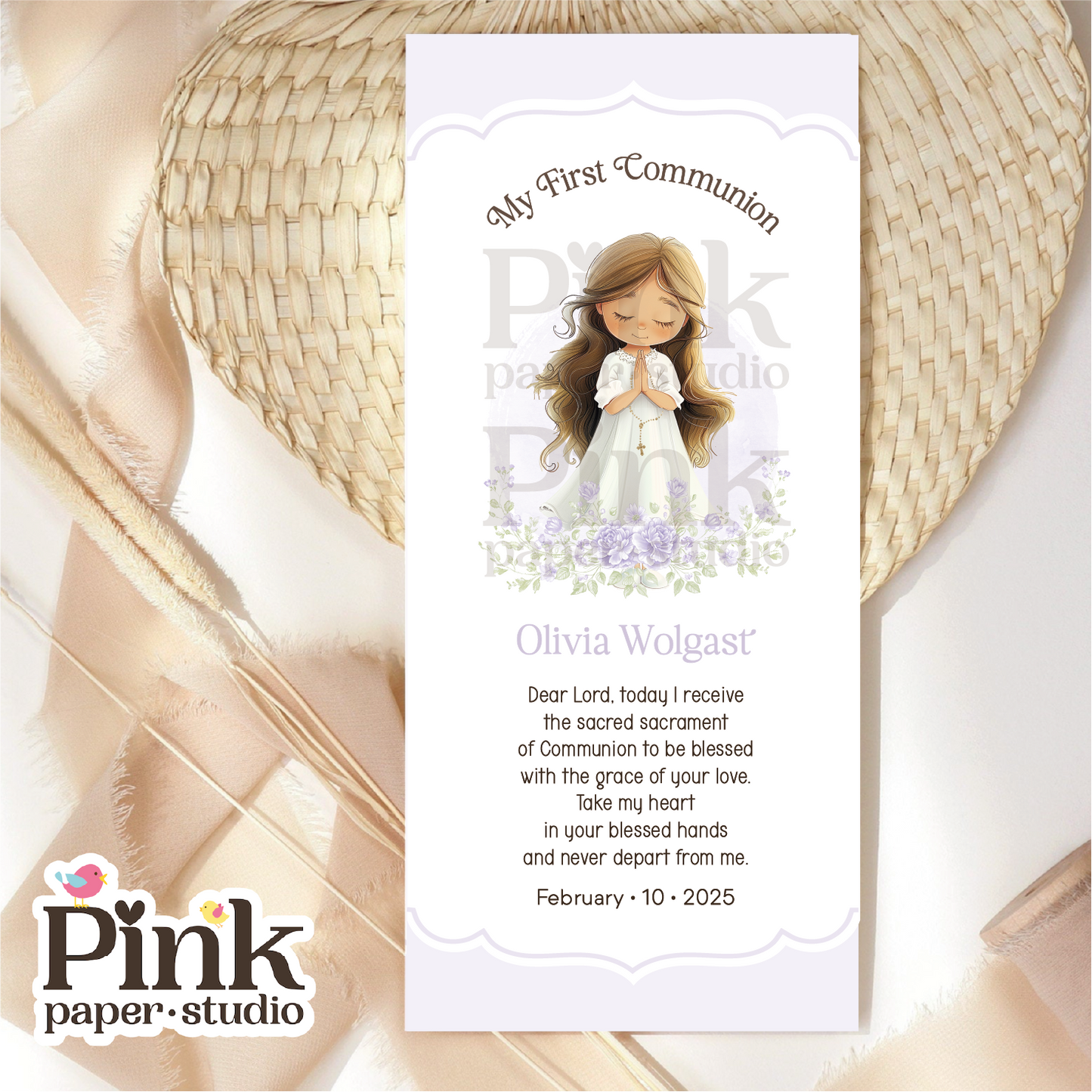 First Holy Communion Favor Cards • First Communion Bookmarks for Girls