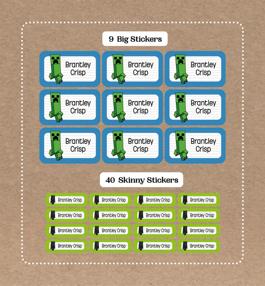 Minecraft • 9 Big School Name Stickers • 40 Skinny Stickers