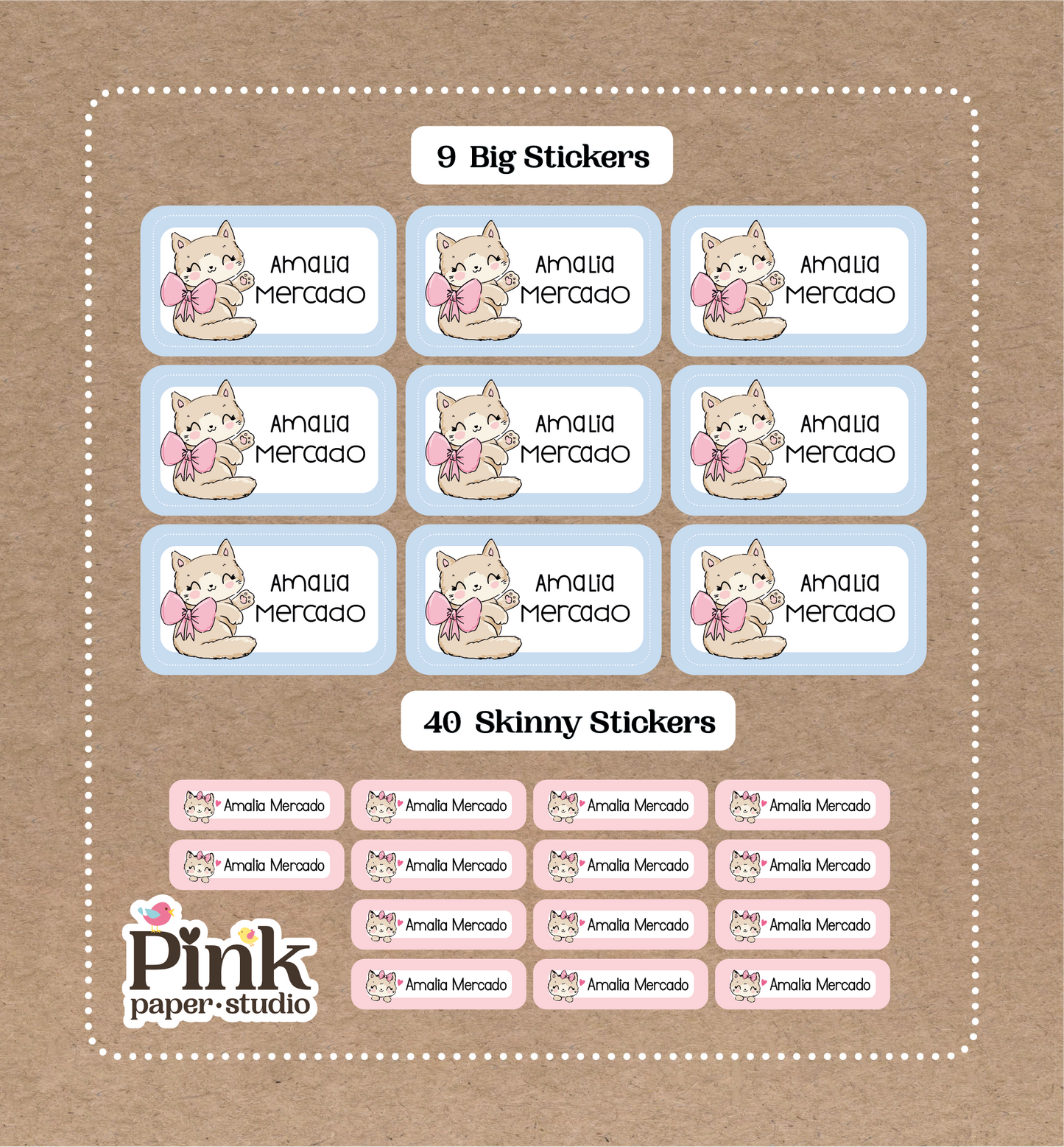 Kitty • 9 Big School Name Stickers • 40 Skinny Stickers