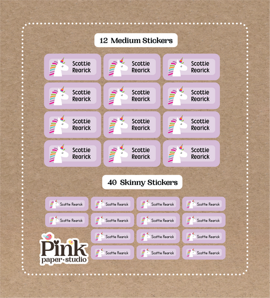 Purple Unicorn Set • 12 Medium School Name Stickers • 40 Skinny Stickers