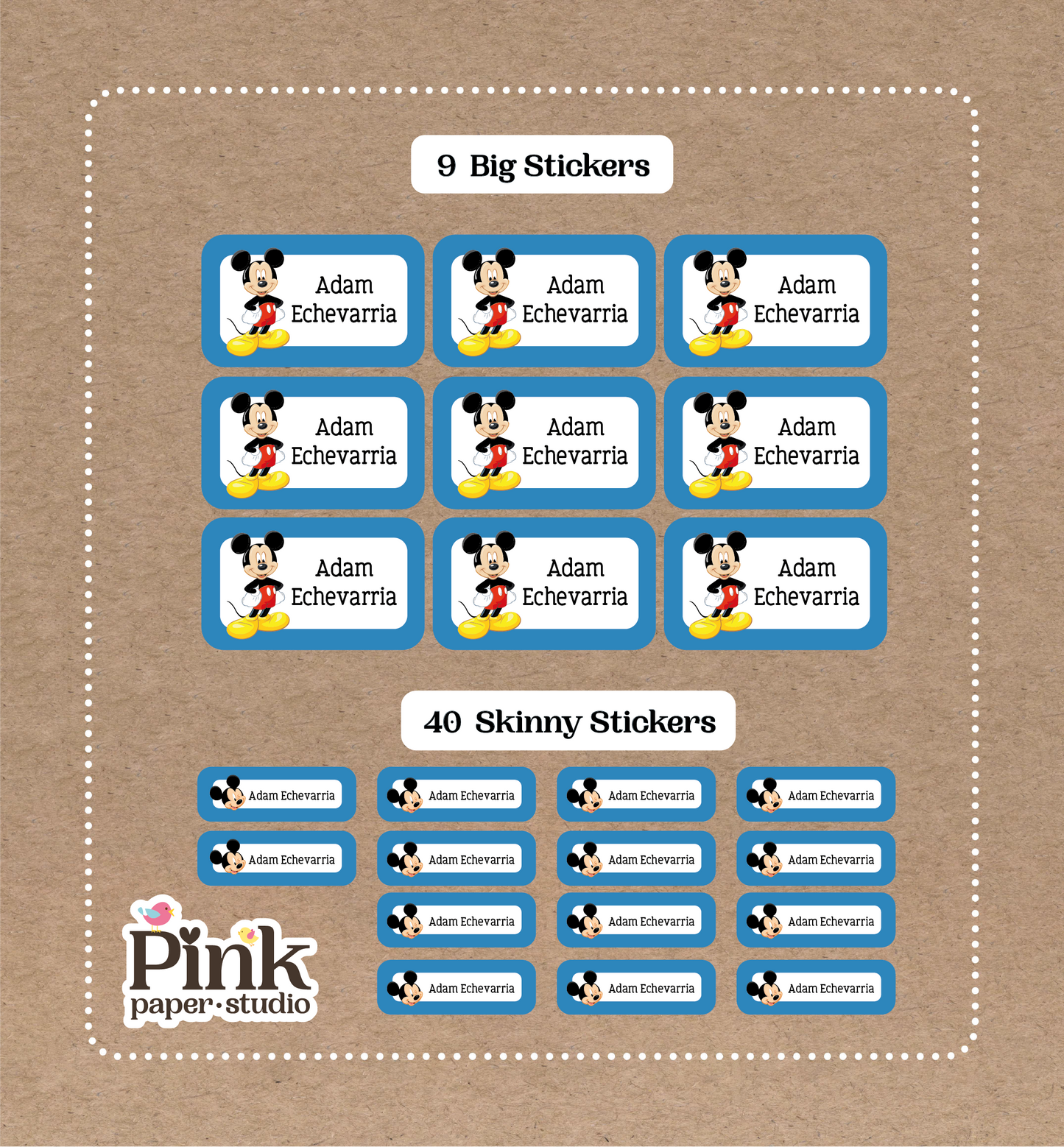 Mickey Mouse Set • 9 Big School Name Stickers • 40 Skinny Stickers