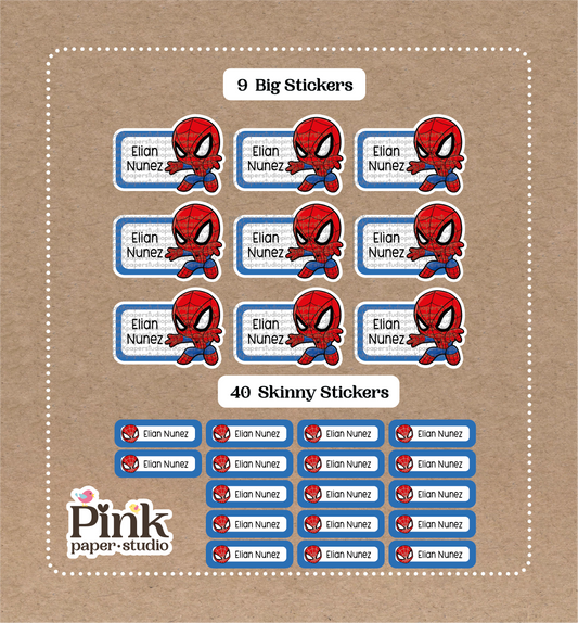 Spiderman • 9 Big School Name Stickers • 40 Skinny Stickers