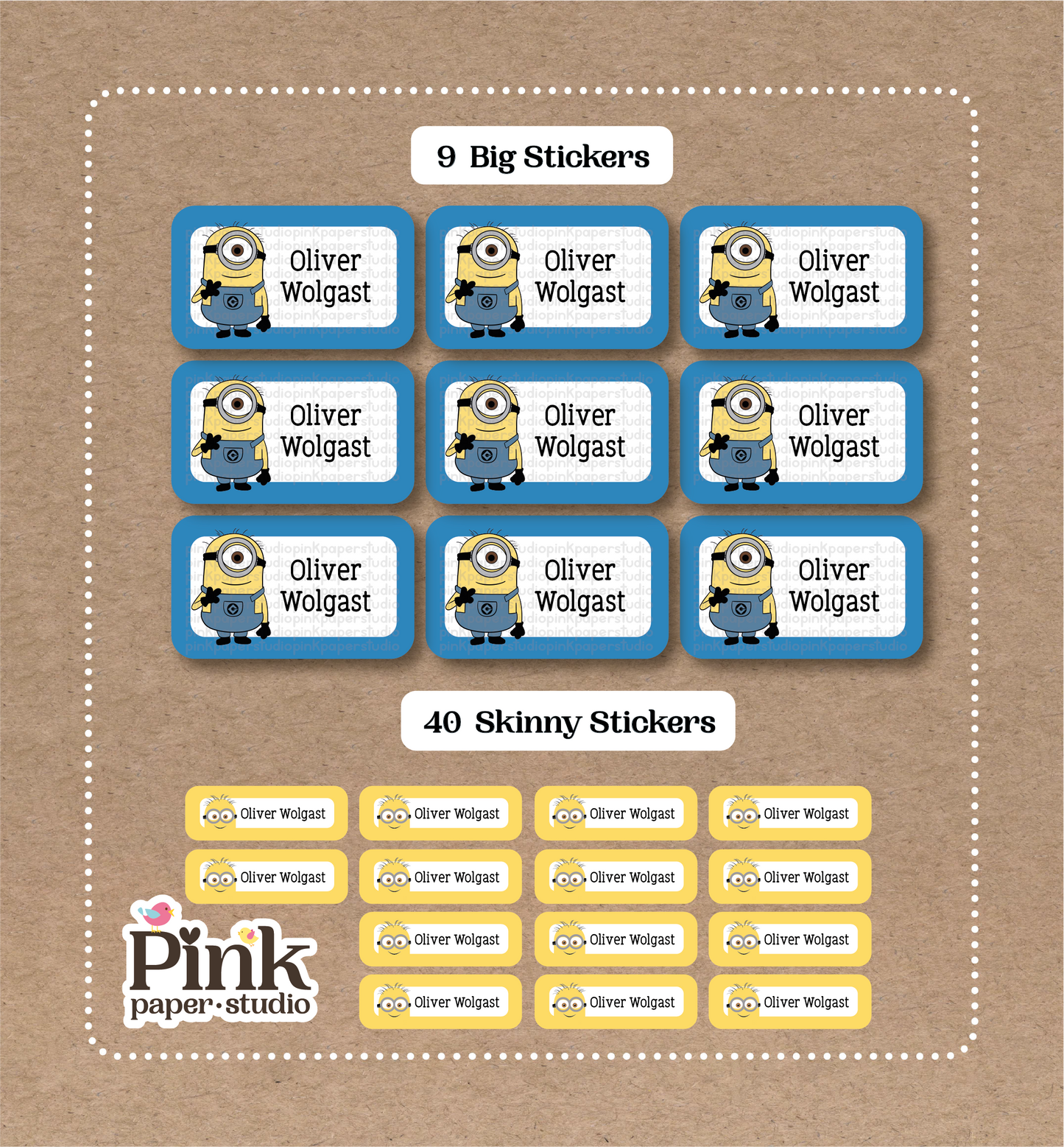 Minions • 9 Big School Name Stickers • 40 Skinny Stickers