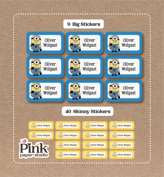 Minions • 9 Big School Name Stickers • 40 Skinny Stickers