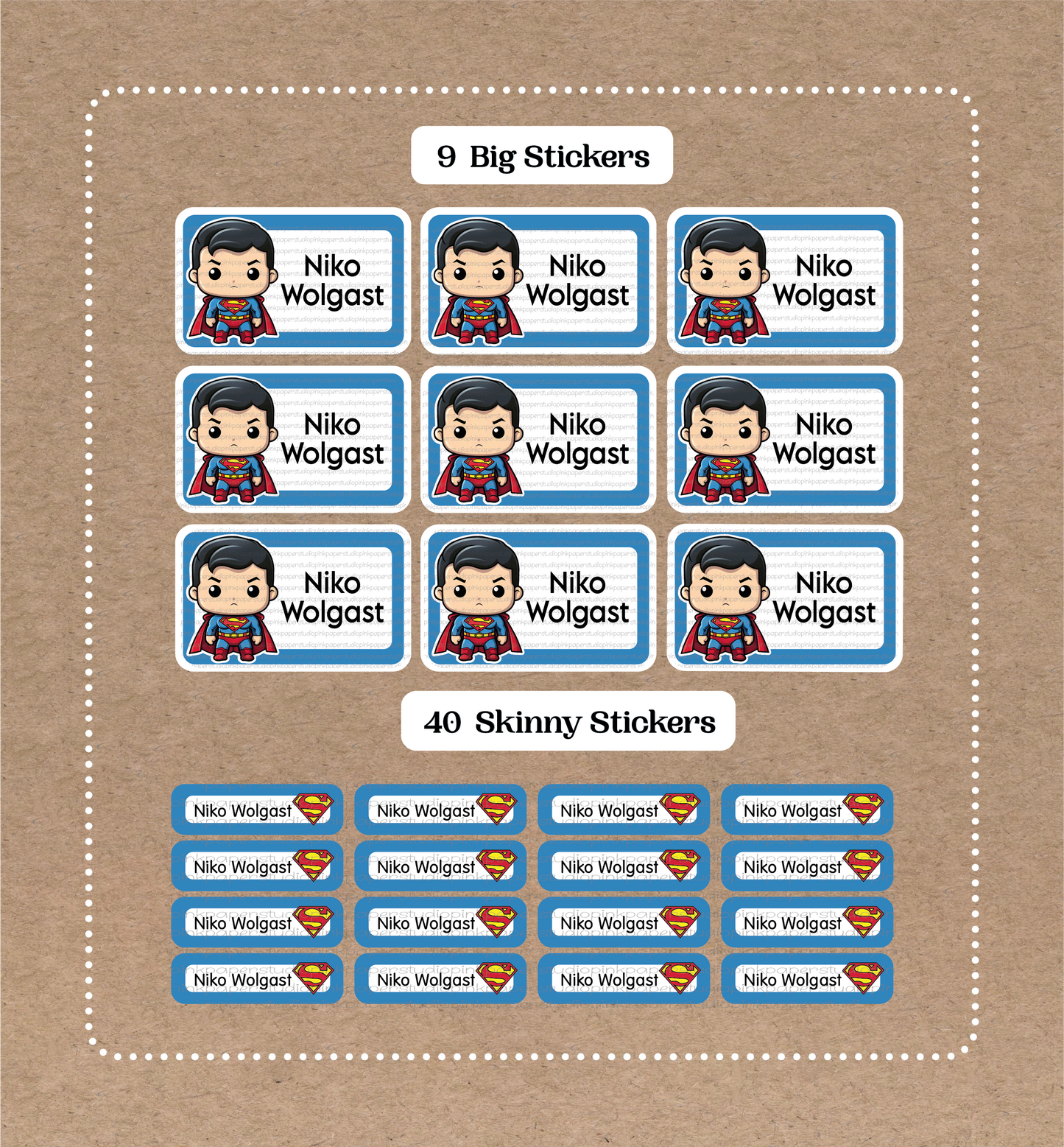 Super-Man • 9 Big School Name Stickers • 40 Skinny Stickers