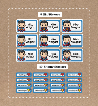 Super-Man • 9 Big School Name Stickers • 40 Skinny Stickers