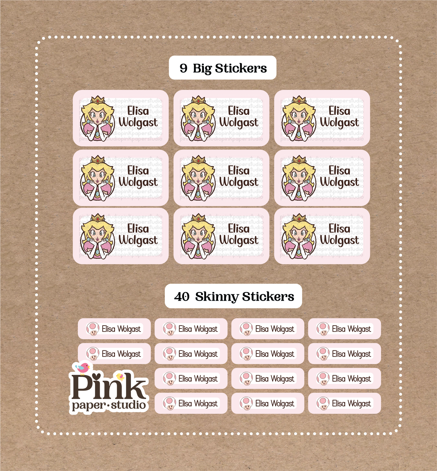 Cute Princess Peach • 9 Big School Name Stickers • 40 Skinny Stickers