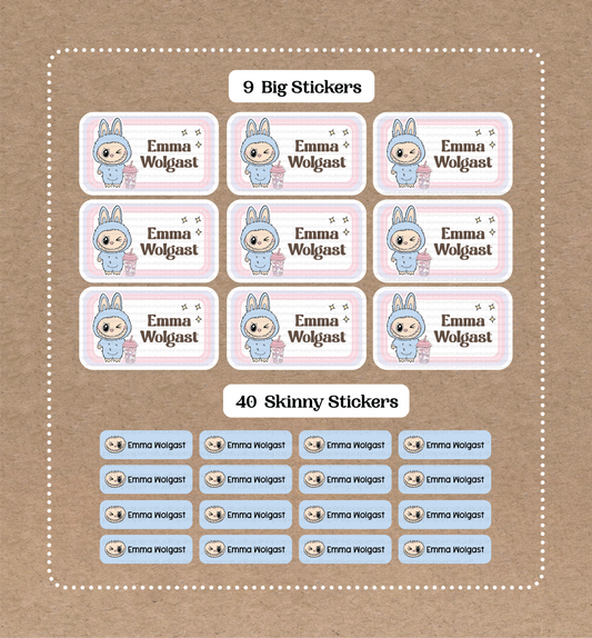 Labubu Stickers Set • 9 Big School Name Stickers • 40 Skinny Stickers