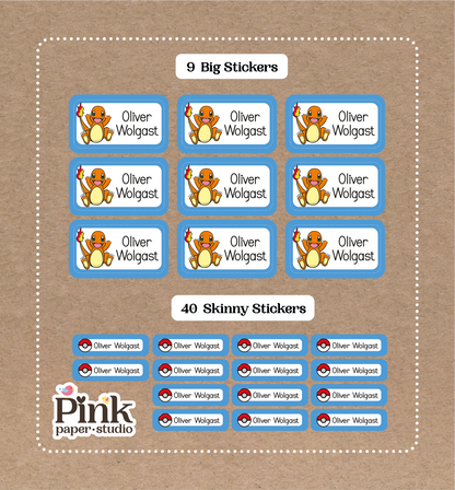 Pokemon Set • 9 Big School Name Stickers • 40 Skinny Stickers