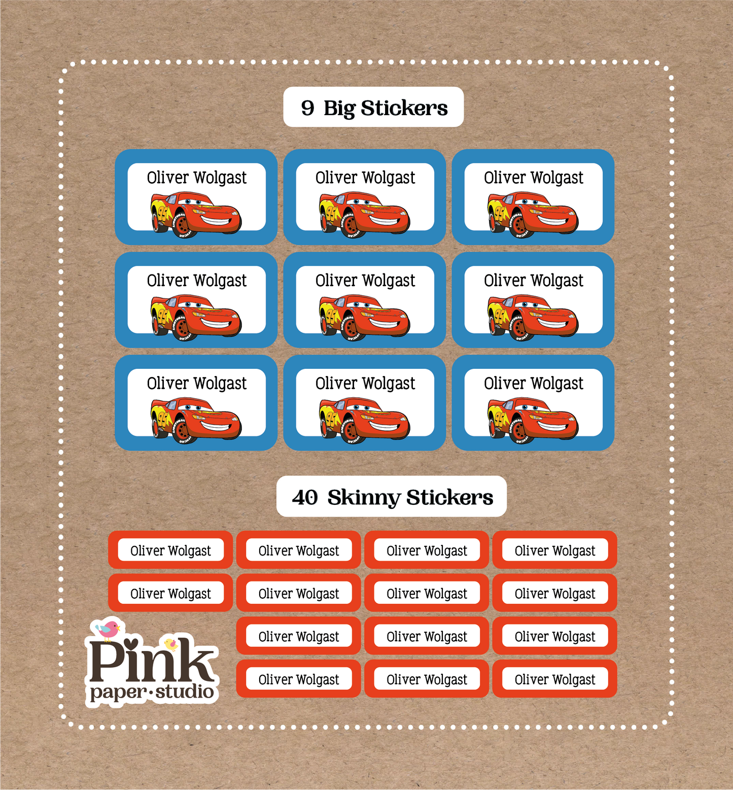 Cars Set • 9 Big School Name Stickers • 40 Skinny Stickers