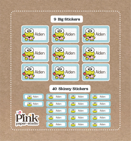 Keroppi Set • 9 Big School Name Stickers • 40 Skinny Stickers