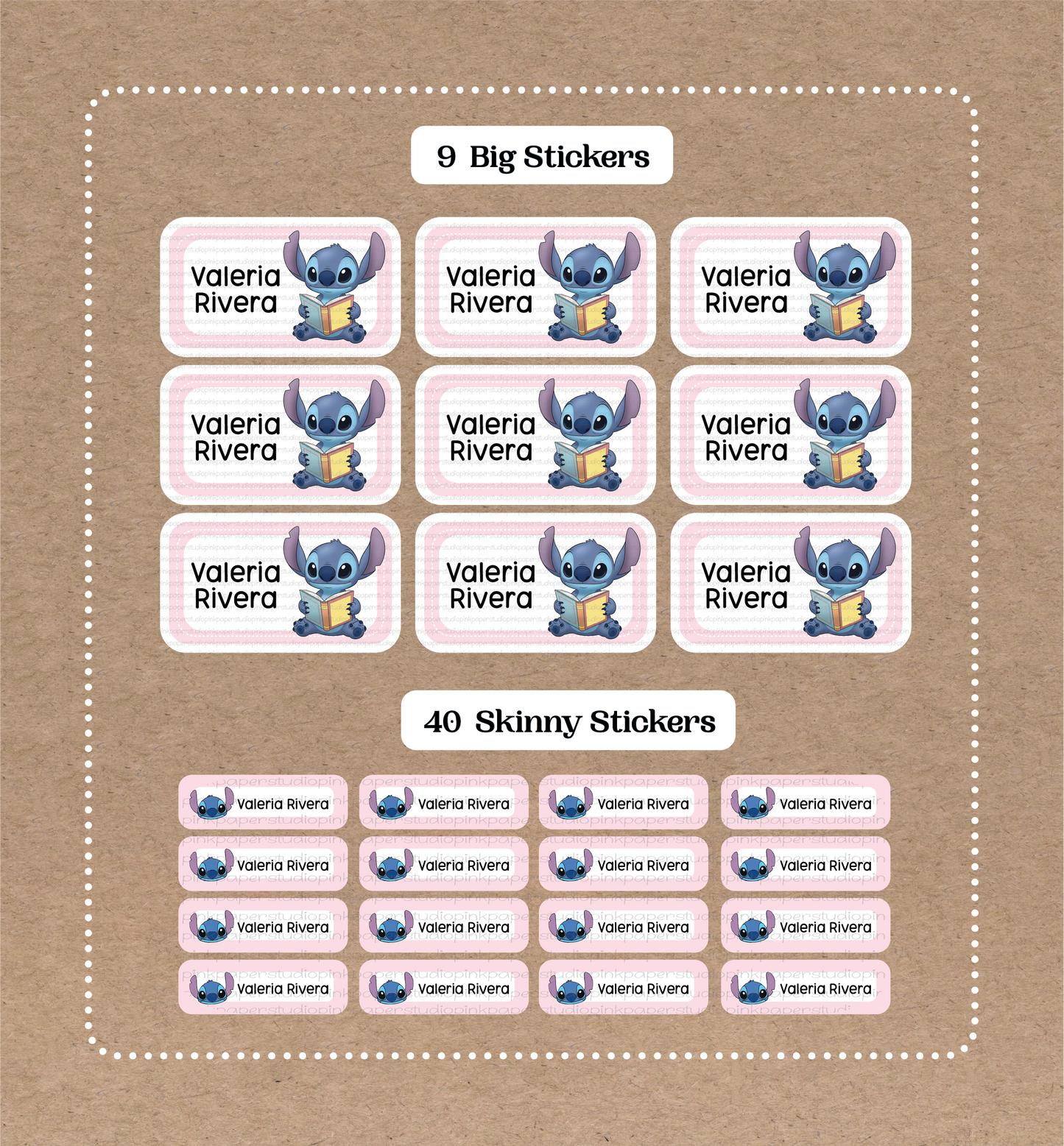 Stitch School Labels • 9 Big School Name Stickers • 40 Skinny Stickers