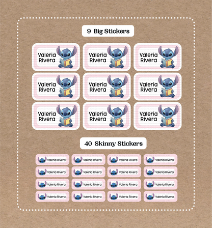 Stitch School Labels • 9 Big School Name Stickers • 40 Skinny Stickers